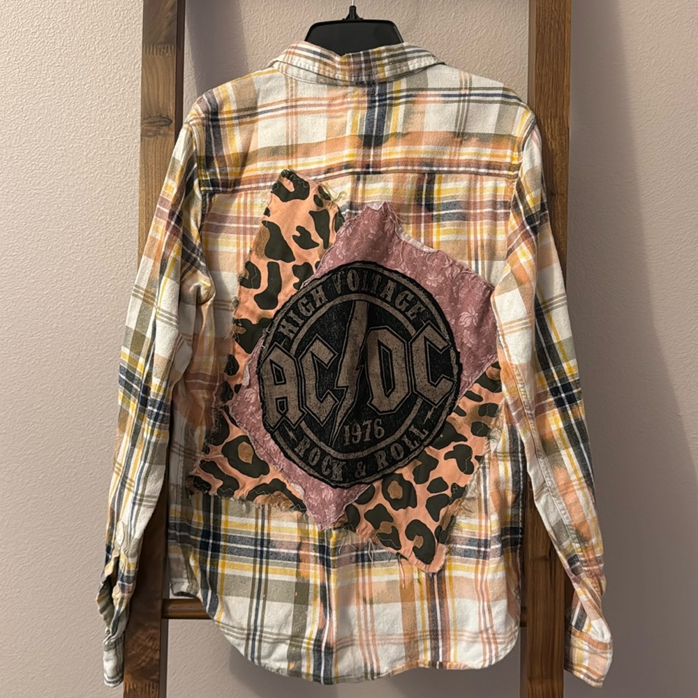Upcycled AC/DC themed bleached flannel size small